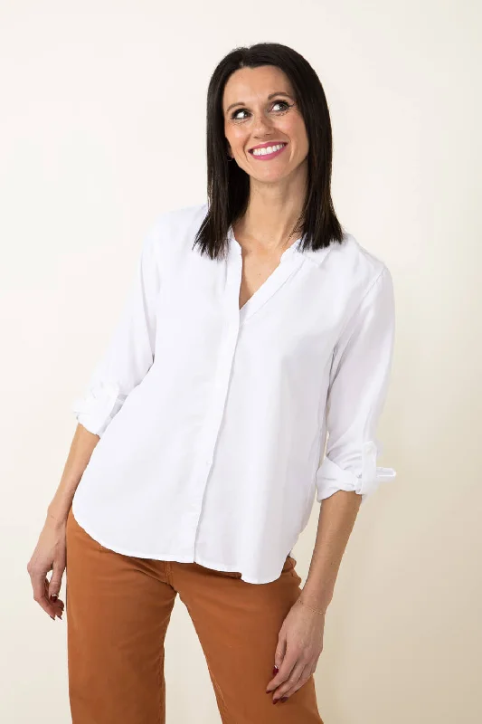 Thread & Supply Presley V-Neck Button Up Shirt for Women in White | T1925LZTTS-WHITE-- Embroidered Appliqued Beaded