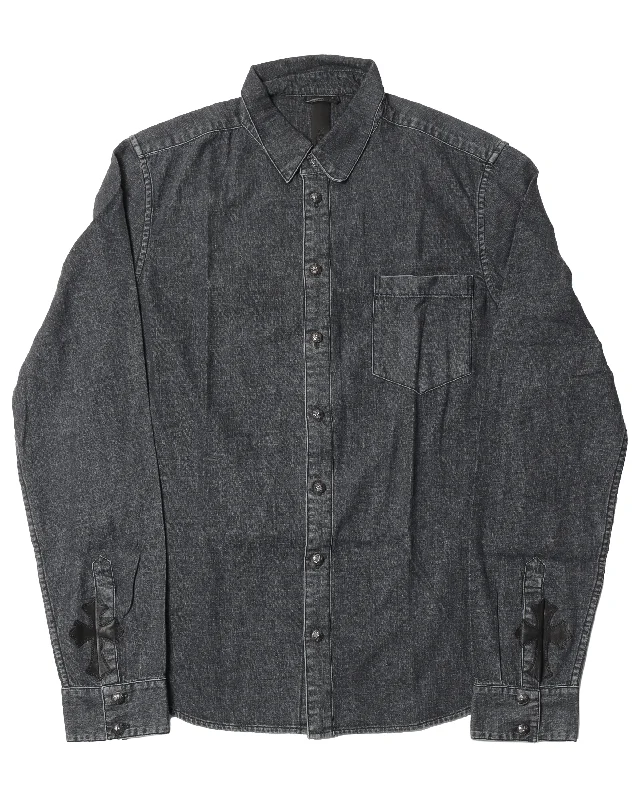 Cross Patch Black Button Up Shirt-- Terry Blend Velvet Blend Canvas Blend