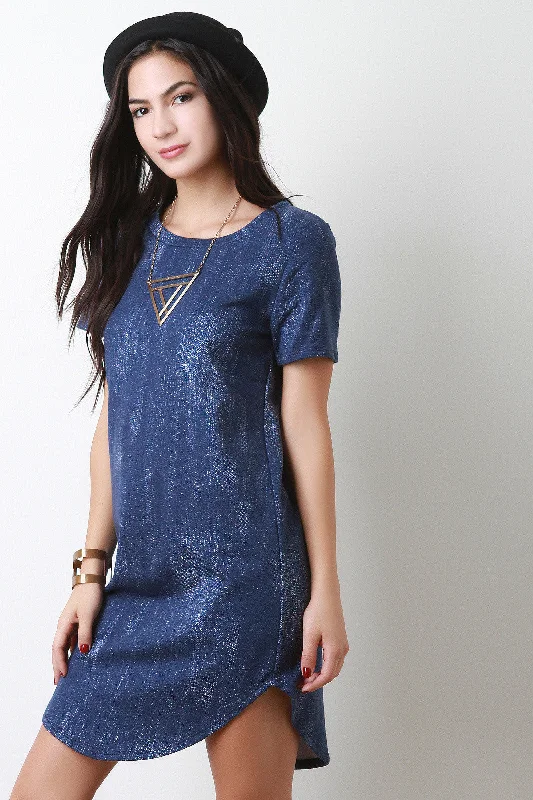 Stretch Denim Round Hem T-Shirt Dress-- Fleece Fabric Down Fabric Feather Fabric