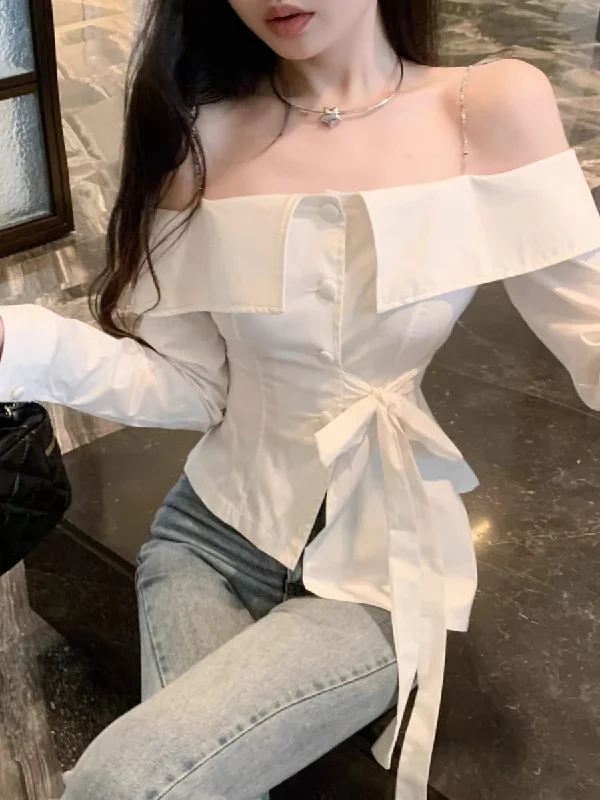 Off Shoulder Asymmetric Lace-up Shirt-- Rayon Velvet Corduroy