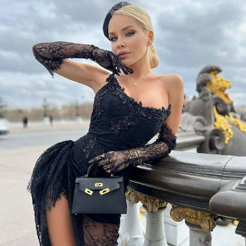 Sexy Gloved Lace Rhinestone Strapless Ruched Corset Split Maxi Evening Dress Tunic Top Casual