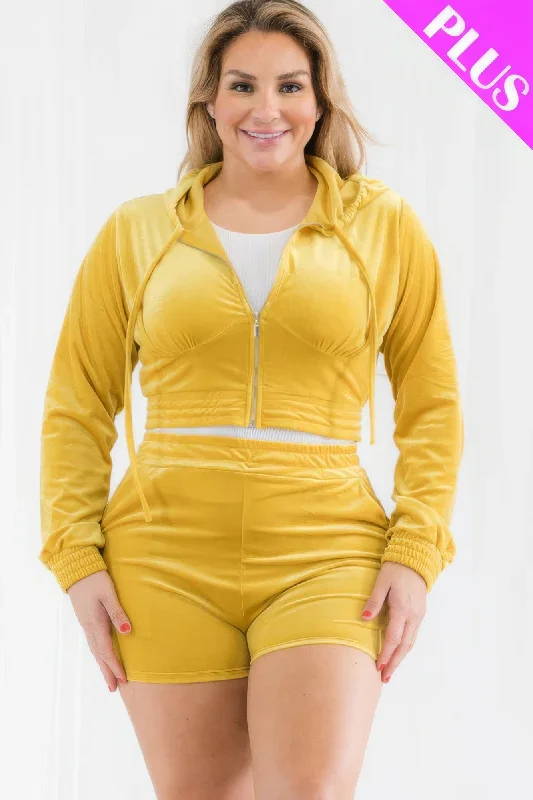 Plus Size Velour Crop Zip Up Hoodie And Shorts Set Hoodie with Rolled Sleeves Casual Relaxed Plus Size Velour Crop Zip Up Hoodie And Shorts Set Hoodie with Rolled Sleeves Casual Relaxed