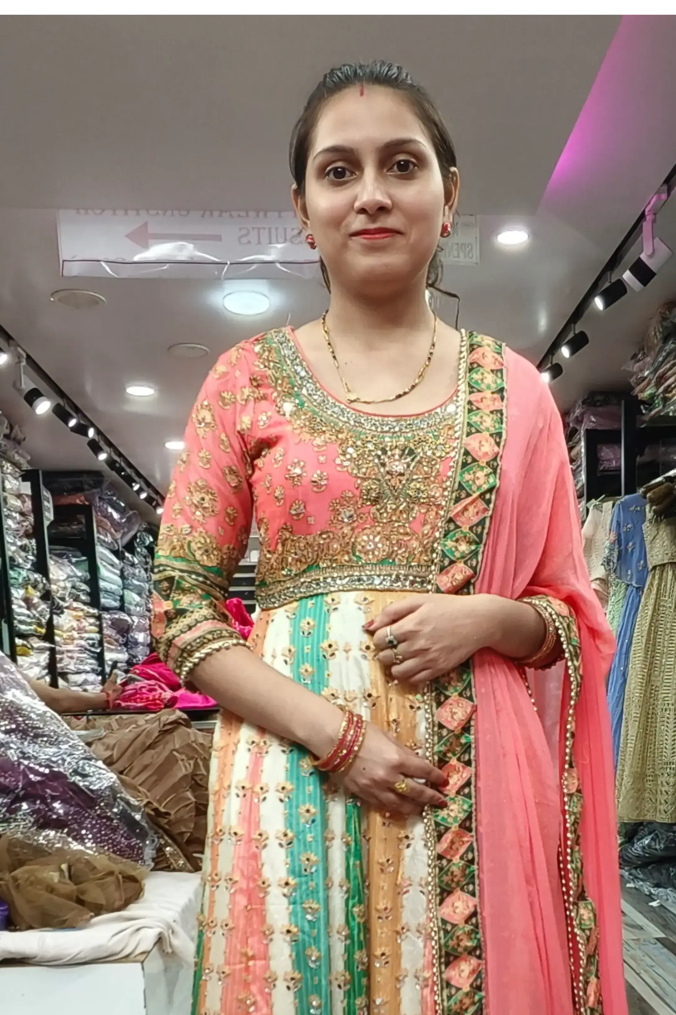 Chinnon Silk Mirror Work embroidered Anarkali Dress With Duppatta In MUlti Crew Neckline Sporty Chinnon Silk Mirror Work embroidered Anarkali Dress With Duppatta In MUlti Crew Neckline Sporty
