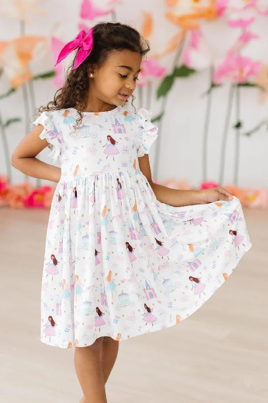 Fairy Princess Flutter Sleeve Twirl Dress Crew Neckline Casual