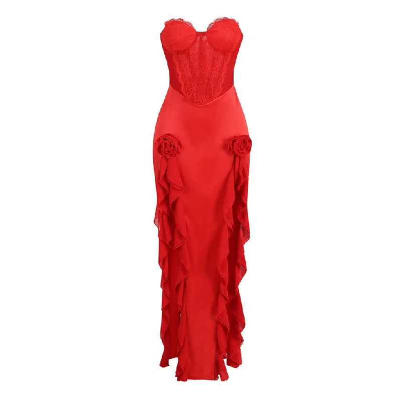 Sexy Lacy Sweetheart Neck Rosette Ruffle Split Corset Satin Maxi Evening Dress Tunics Recommended stylist Sexy Lacy Sweetheart Neck Rosette Ruffle Split Corset Satin Maxi Evening Dress Tunics Recommended stylist