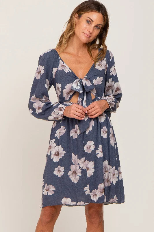 Blue Floral Smocked Tie Back Dress Tunics Formal black