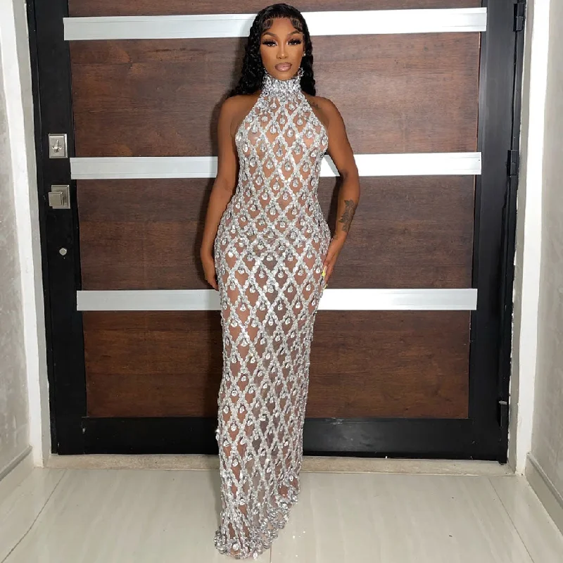 Luxury Rhinestone Embellished High Neck Bodycon Mesh Maxi Evening Dress Tunics Trendy modern Luxury Rhinestone Embellished High Neck Bodycon Mesh Maxi Evening Dress Tunics Trendy modern