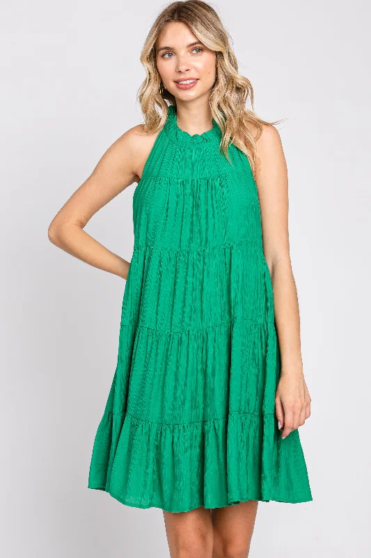 Green Ruffle Mock Neck Tiered Dress Tunics Luxurious high-end