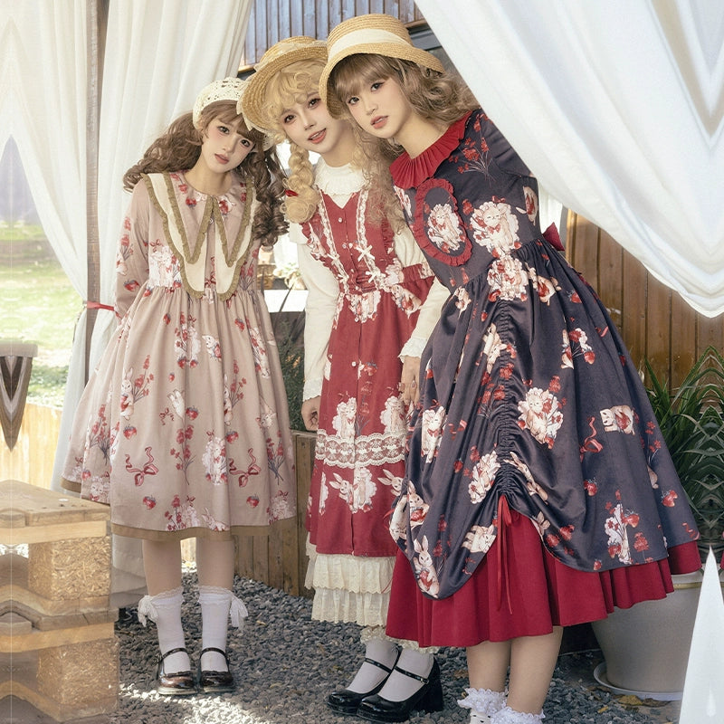 With PUJI~Sheepberry Bunny Air~Sweet Lolita Dress Velvet Print JSK and OP Tunics Fleece cozy With PUJI~Sheepberry Bunny Air~Sweet Lolita Dress Velvet Print JSK and OP Tunics Fleece cozy