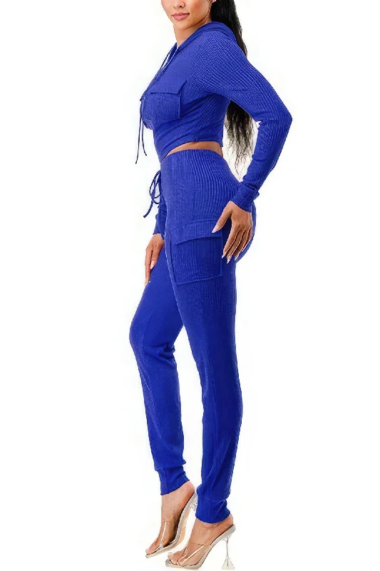 Rib Cargo Hoodie Set Hoodie with Side Slits Relaxed Casual