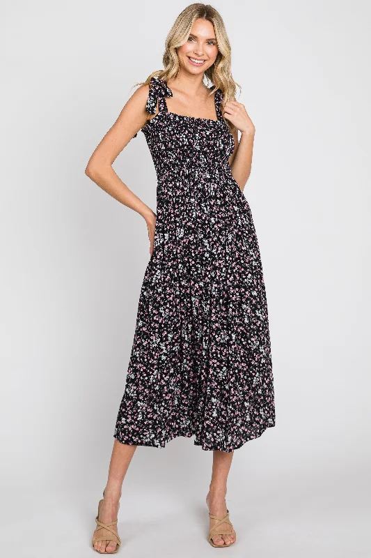 Black Micro Floral Smocked Dress Tunics Distressed trendy