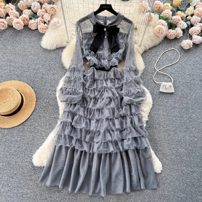 round neck bow diamond mesh dress for women sweet princess cake long dress S4638 Floral Print girly round neck bow diamond mesh dress for women sweet princess cake long dress S4638 Floral Print girly