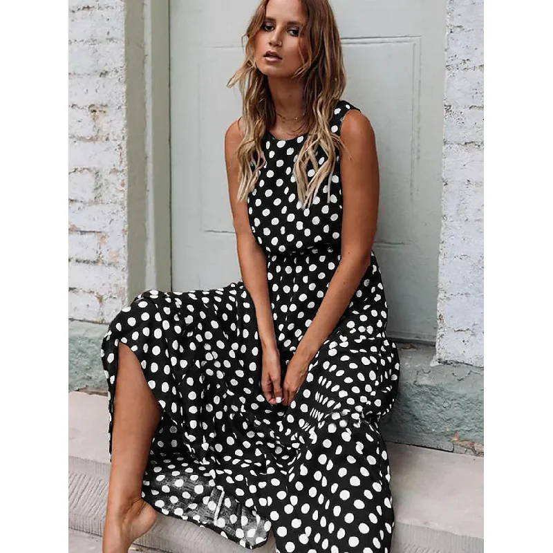 Women's Sleeveless Polka Dot Long Dress Tunics Wedding white