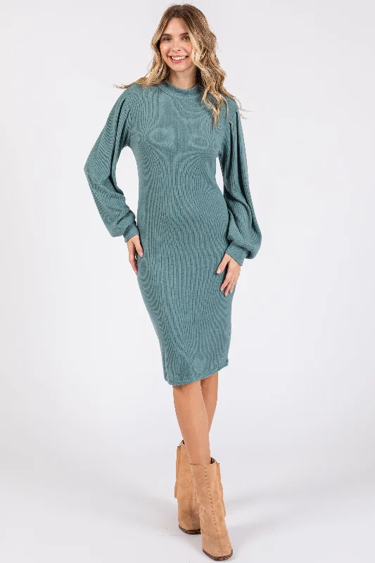 Teal Ribbed Long Sleeve Mock Neck Dress Tunics Trousers formal
