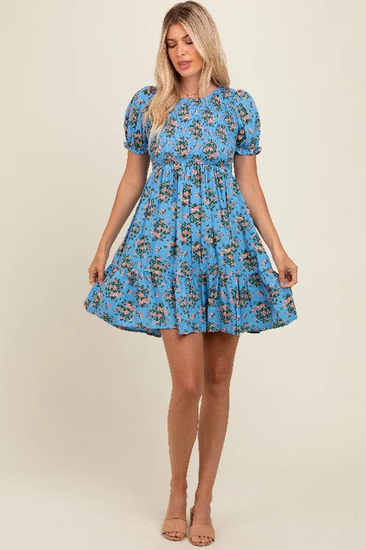 Blue Floral Smocked Puff Sleeve Dress Tunics Cozy soft
