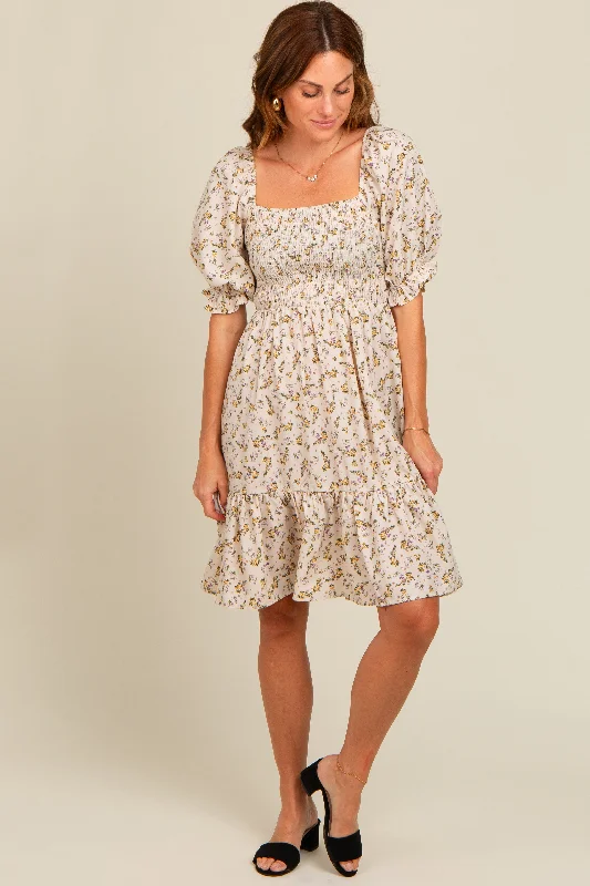 Cream Floral Smocked Puff Sleeve Dress Tunics Print Colorful