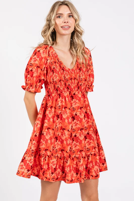 Orange Floral Smocked V-Neck Ruffle Dress Tunics Practical easy-care