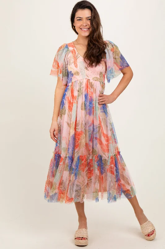 Peach Leaf Print Smocked Mesh Overlay Dress Tunics Leisure comfortable