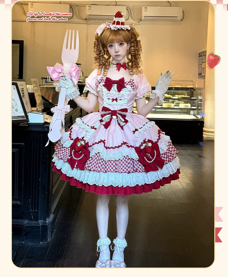 Sakurahime~Berry Sweetheart~Sweet Lolita OP Suit Old School Lolita Dress and Top Hat Crew Neckline Sporty Sakurahime~Berry Sweetheart~Sweet Lolita OP Suit Old School Lolita Dress and Top Hat Crew Neckline Sporty