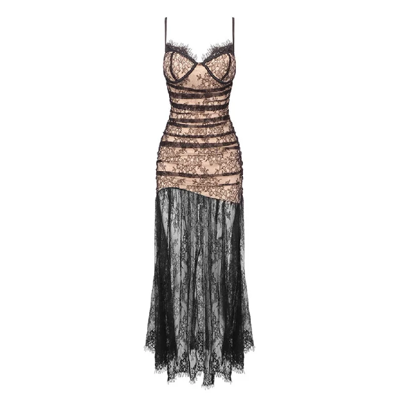 Exquisite Eyelash Sweetheart Ruched Drop Waist Lace Slip Maxi Evening Dress Turtleneck Warm Winter