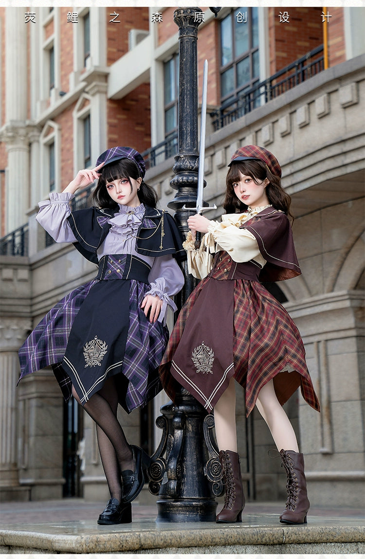 Forest Fluorescent Carps~Queen's Game~Military Lolita OP Plaid Ouji Lolita Dress Set Tunics Designer luxury Forest Fluorescent Carps~Queen's Game~Military Lolita OP Plaid Ouji Lolita Dress Set Tunics Designer luxury