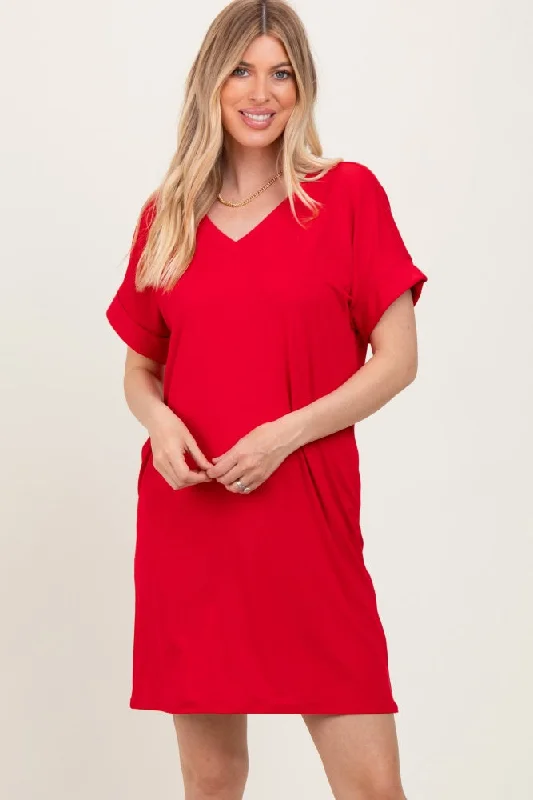 Red Brushed Rolled Short Sleeve V-Neck Dress Tunics Fleece cozy