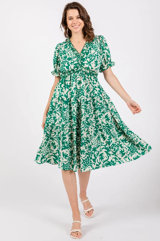 Green Ruffle Trim Tiered Dress Tunics Handmade artisanal