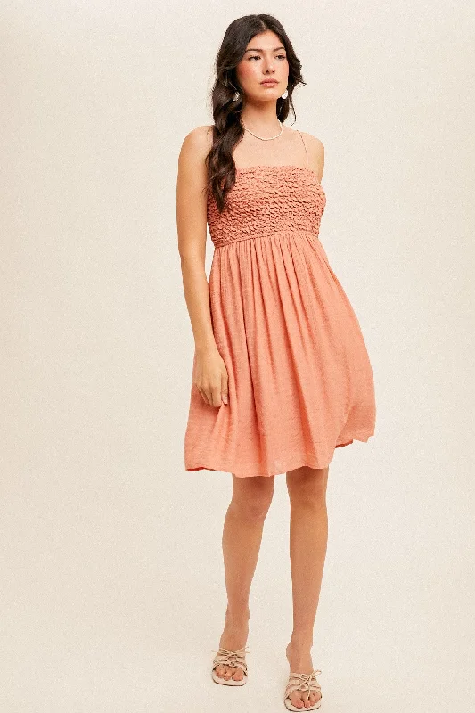 Salmon Textured Smocked Dress Tunics Chinos classic