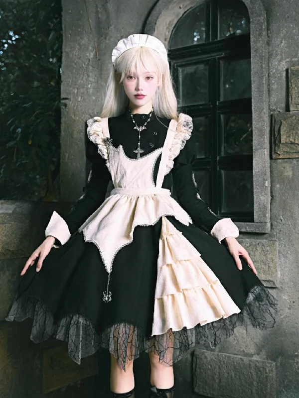 Sakurahime~Spider Dream~Gothic Lolita OP Dress Maid Lolita Built-in Fishbone Detachable Apron Tunics Practical easy-care Sakurahime~Spider Dream~Gothic Lolita OP Dress Maid Lolita Built-in Fishbone Detachable Apron Tunics Practical easy-care