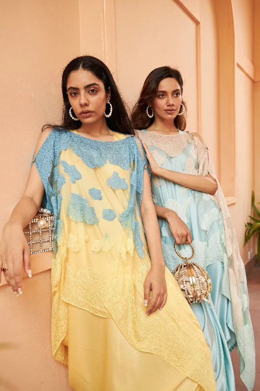 Slip Easy Dress with Organza Cape - Blue Yellow Tunics New arrival