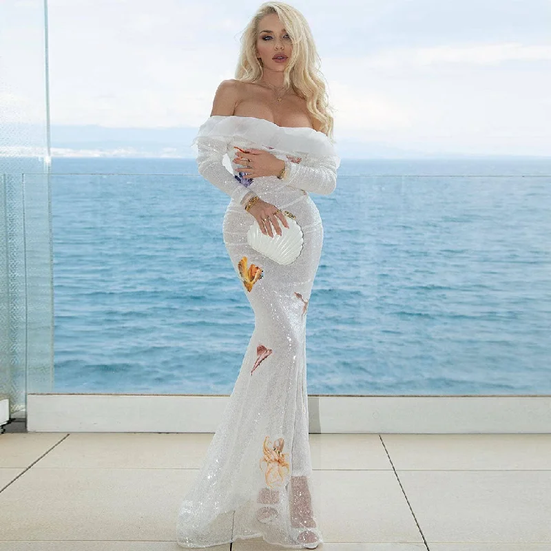 Ocean Motif Sheer Sequin Backless Long Sleeve Maxi Evening Dress empire Waist empire Ocean Motif Sheer Sequin Backless Long Sleeve Maxi Evening Dress empire Waist empire