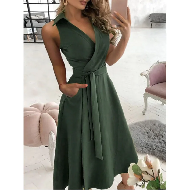 Women's V-Neck Sleeveless Long Dress Tunics Corduroy durable