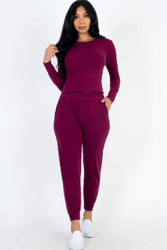 Textured Sweatshirt & Joggers Ensemble Hoodie with Hem Fringe Bohemian Relaxed