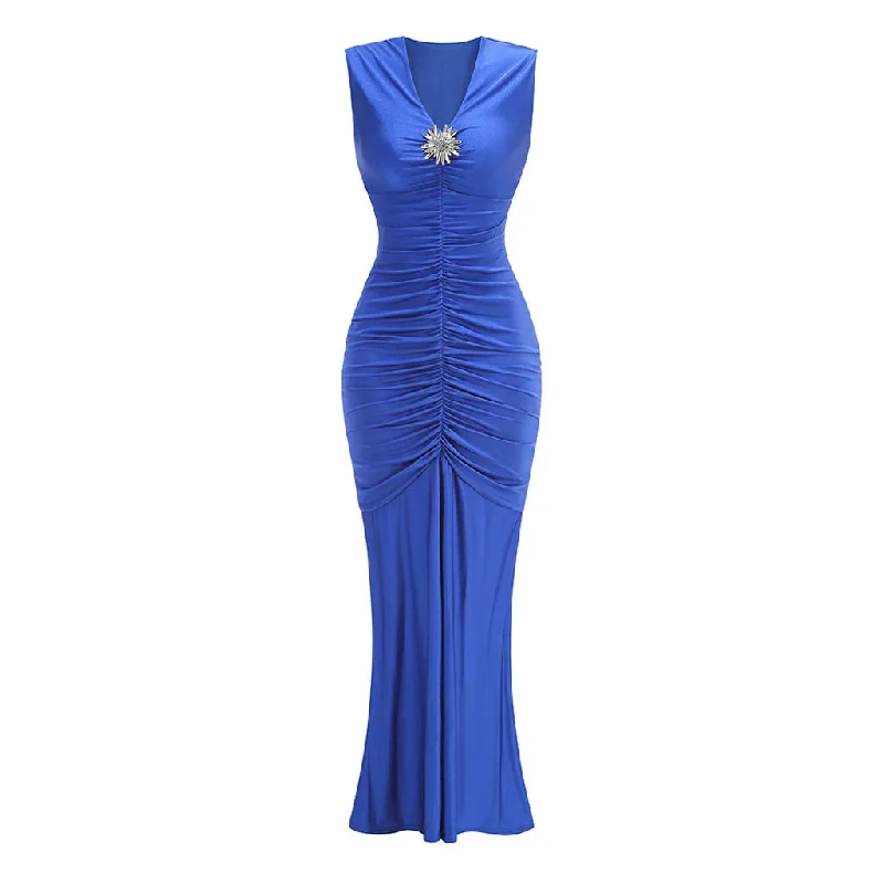 Sexy Crystal V Neck Sleeveless Ruched Bodycon Fishtail Maxi Evening Dress Tunics stripes playful Sexy Crystal V Neck Sleeveless Ruched Bodycon Fishtail Maxi Evening Dress Tunics stripes playful