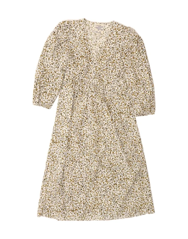 VINTAGE Womens Long Sleeve Tea Dress IT 38 XS Khaki Floral Cotton Tunics Yoga stretchy