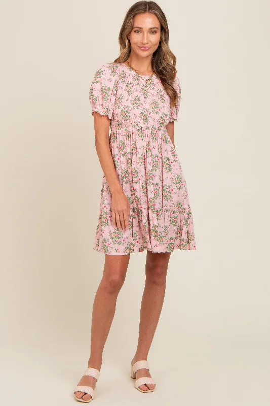 Light Pink Floral Smocked Puff Sleeve Dress Tunics Bridal satin