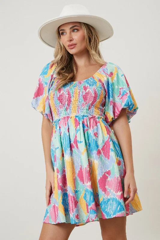 Mint Multi Color Print Smocked Dress Pencil Office Professional