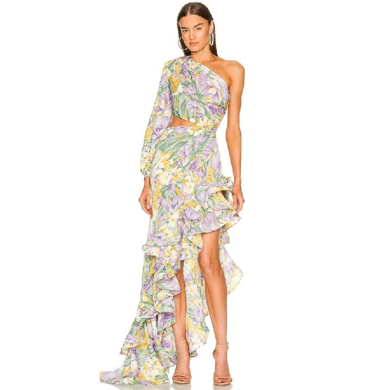 Luxury One Shoulder Cutout Satin Ruffle Floral Evening Dress - Purple Maxi Flowy Bohemian Luxury One Shoulder Cutout Satin Ruffle Floral Evening Dress - Purple Maxi Flowy Bohemian