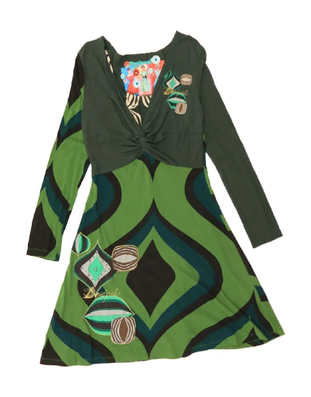 DESIGUAL Womens Abstract Pattern A-Line Dress UK 14 Large Green Square Neckline Feminine DESIGUAL Womens Abstract Pattern A-Line Dress UK 14 Large Green Square Neckline Feminine
