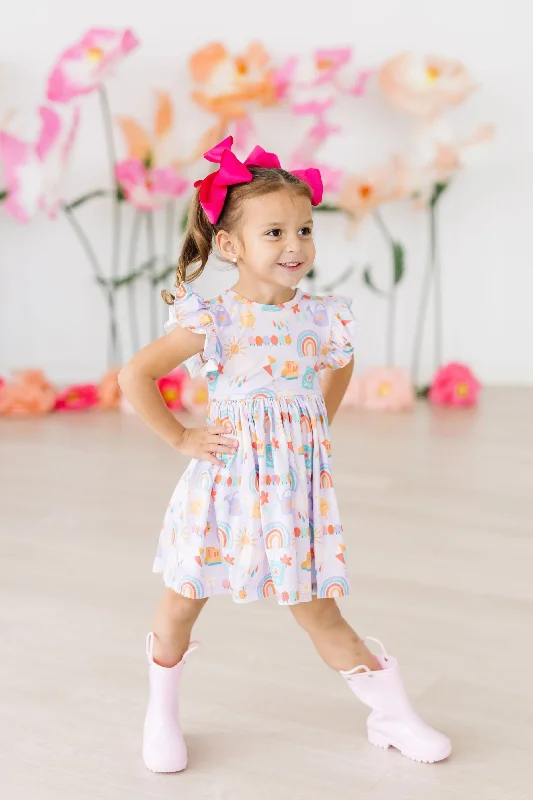 Rainy Day Flutter Sleeve Twirl Dress Boat Neckline Classic