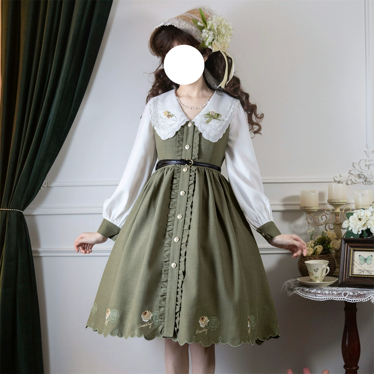 EESSILY~Window Rose~Classic Lolita OP Front Buttoned Embroidery Lolita Dress Tunics Lace romantic EESSILY~Window Rose~Classic Lolita OP Front Buttoned Embroidery Lolita Dress Tunics Lace romantic