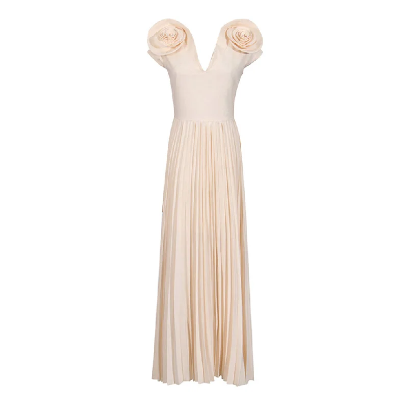 Elegant V Neck Rosette Cap Sleeve Fit and Flare Pleated Maxi Evening Dress Tunics Distressed trendy