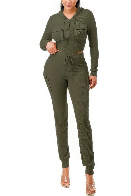 Rib Cargo Hoodie Set Hoodie with Hem Elastic Stretchable Comfortable