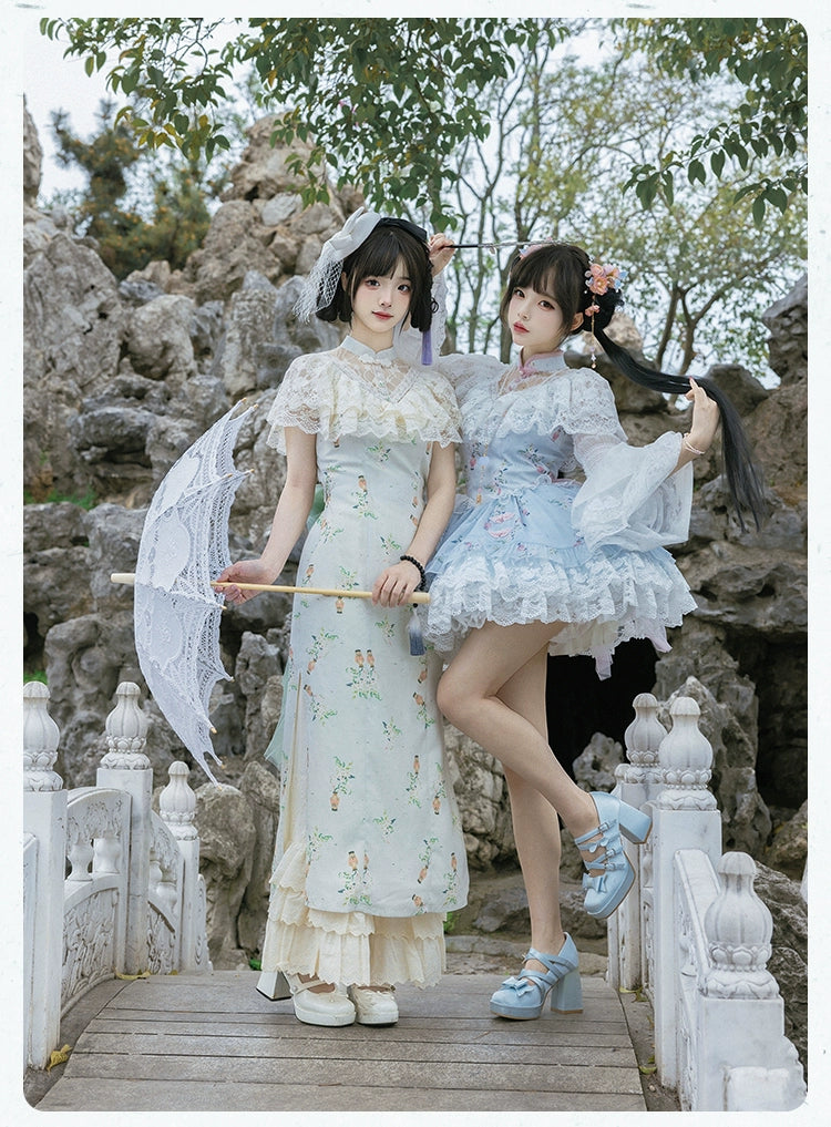 With PUJI~Qi Lolita OP Suit Twins Lolita Chinese Dress Set Halter Neckline Beach