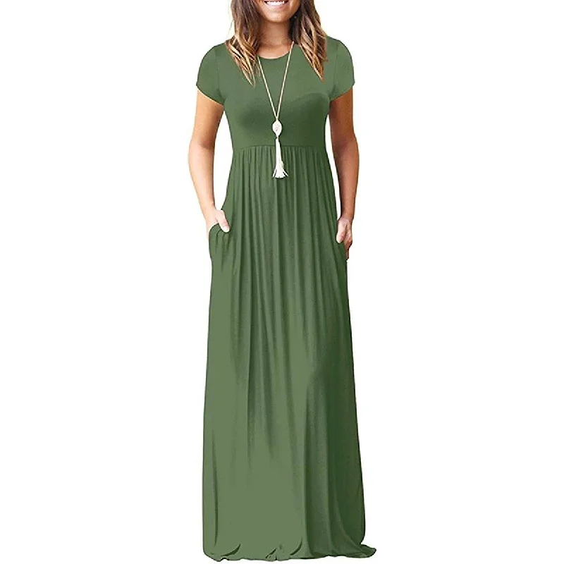 Women's Short Sleeve Loose Casual Long Dresses with Pockets Tunics Satin smooth