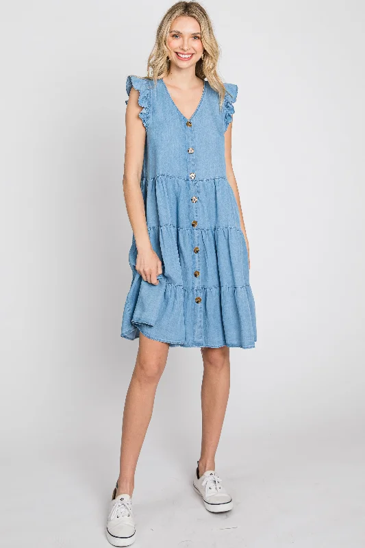 Light Blue Chambray Tiered Button Accent Dress Tunics Office stylish
