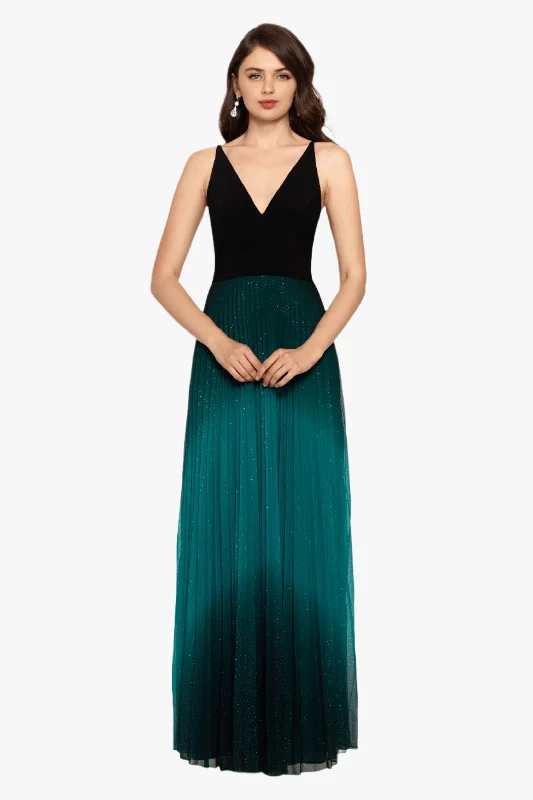"Berkley" Long V- Neck Jersey Knit Pleated Glitter Skirt Dress sweetheart Neckline Romantic