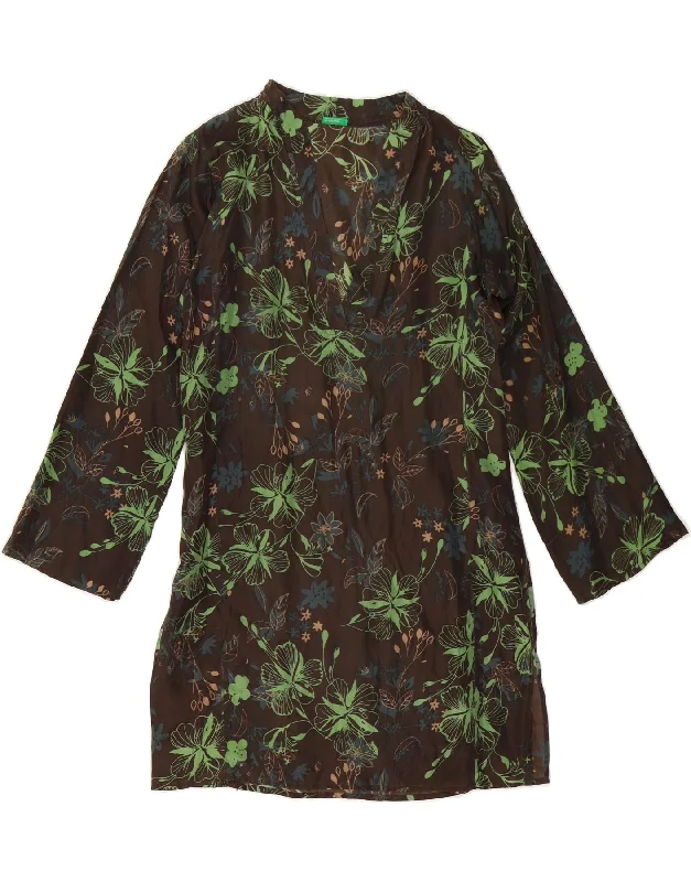 BENETTON Womens Long Sleeve A-Line Dress UK 14 Medium Brown Floral Tunics Top rated