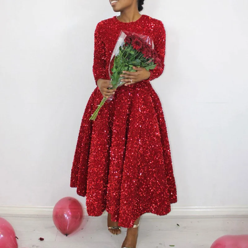 Gorgeous Crew Neck Long Sleeve Fit & Flare Sequin Velvet Midi Cocktail Dress Tunics Exclusive limited Gorgeous Crew Neck Long Sleeve Fit & Flare Sequin Velvet Midi Cocktail Dress Tunics Exclusive limited