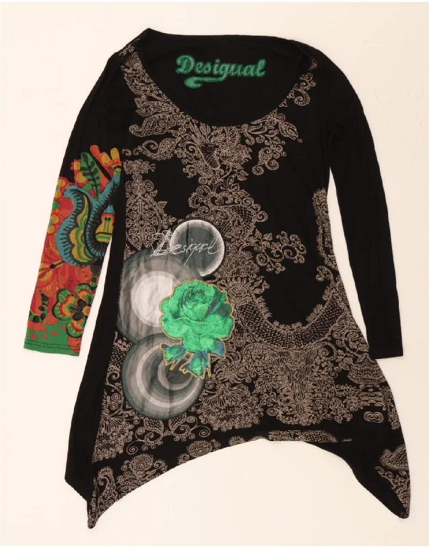 DESIGUAL Womens Long Sleeve Asymmetric Tunic Dress UK 18 XL Black Floral Tunics Cozy comfortable